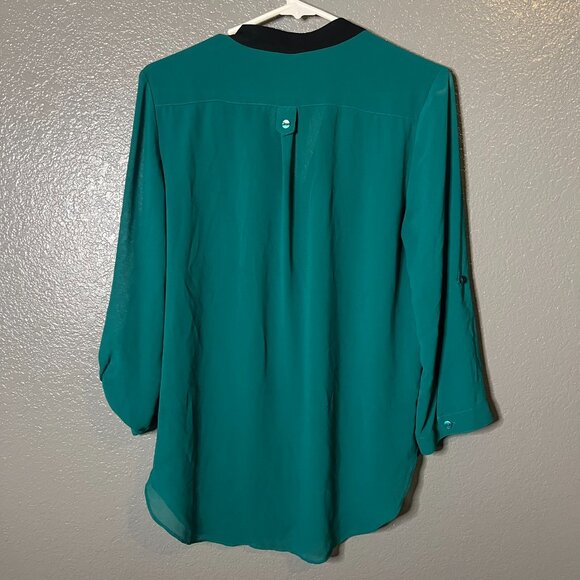 A. Byer Size Large Teal Green Embellished Collar Black Trim Tunic Blouse - Picture 2 of 5